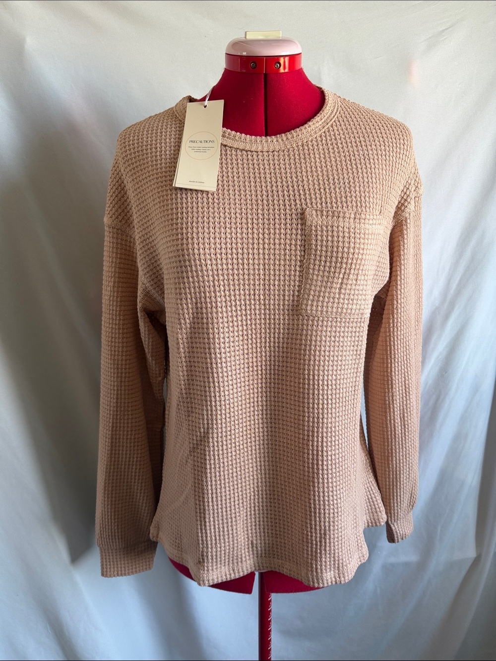 Pocket Waffle Knit Crew Neck Sweater - Blush
